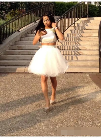 Bateau A Line Two Pieces Sleeveless Backless Tulle Pleated Sparkle Homecoming Dresses