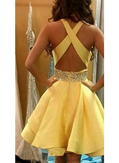 Rhinestone Backless Criss Cross Sleeveless Sexy A Line Daffodil Satin Short Homecoming Dresses