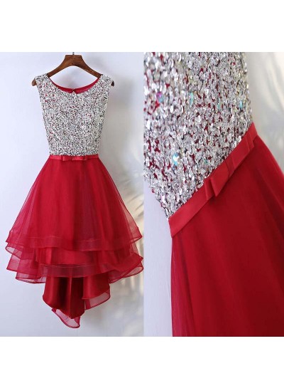 Scoop A Line red Organza High Low Bowknot Organza Rhinestone Sleeveless Homecoming Dresses