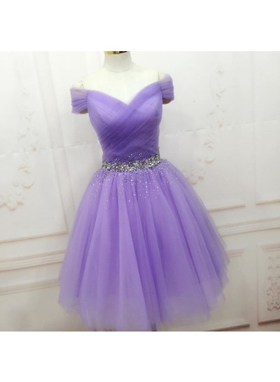 Off The Shoulder V Neck Lilac Rhinestone A Line Tulle Pleated Ruched Homecoming Dresses