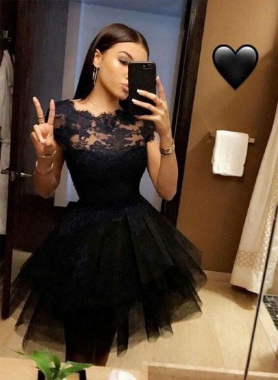 Short Sleeve Jewel A Line Tulle Pleated Lace Appliques Sheer Homecoming Dresses