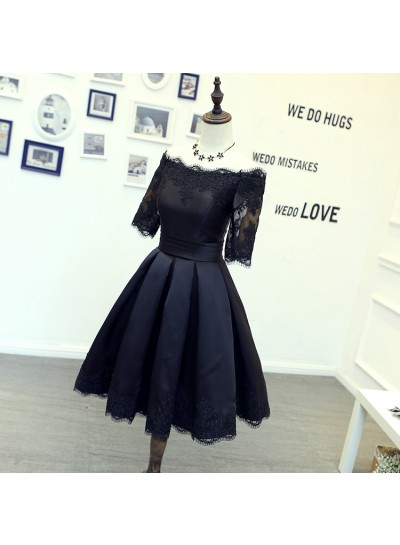 Off The Shoulder Half Sleeve A Line Pleated Satin Appliques Black Homecoming Dresses