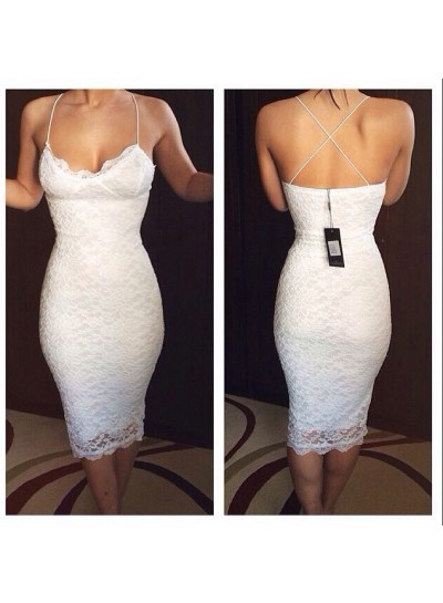 Spaghetti Straps White V Neck Criss Cross Backless Lace Flowers Sheath Homecoming Dresses