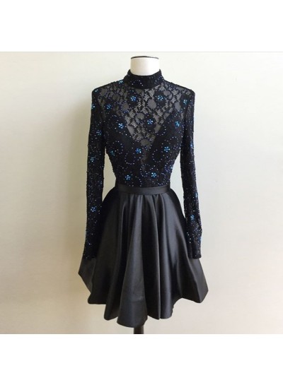 Lace A Line Beading Satin Pleated Black Long Sleeve High Neck Short Homecoming Dresses