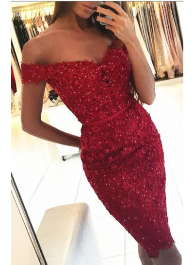 Off The Shoulder V Neck Burgundy Appliques Sheath Sexy Homecoming Dresses
