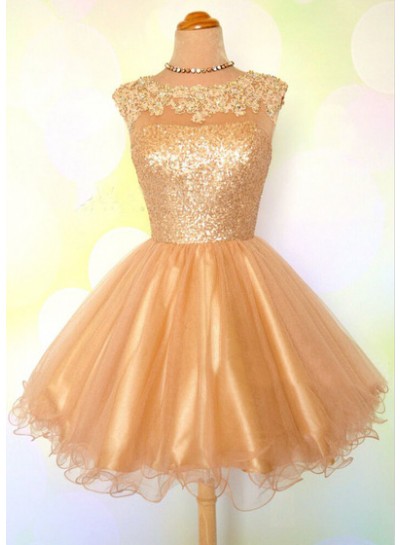 Cap Sleeve Jewel Appliques Sequins Sheer A Line Gold Organza Backless Homecoming Dresses