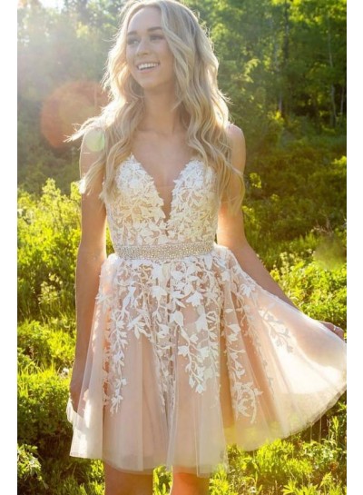 Spaghetti Straps Ivory V Neck Lace A Line Appliques Tulle Beading Mini Homecoming Dresses
