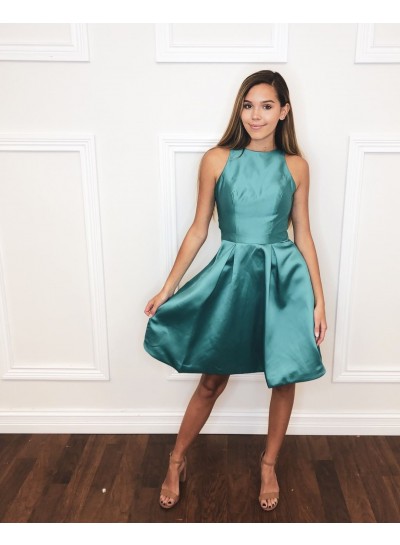 Halter A Line Pleated Satin Jade Sleeveless Knee Length Homecoming Dresses