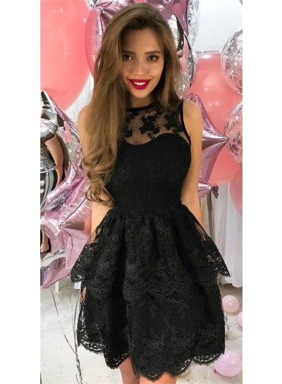 Sheer Halter Sleeveless Tiered Lace Black A Line Flowers Short Homecoming Dresses