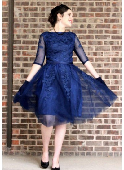 Bateau Navy Blue Half Sleeve Tulle Appliques A Line Pleated Elegant Homecoming Dresses