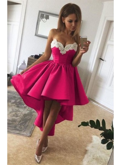 High Low Fuchsia A Line Strapless Sweetheart Appliques Pleated Homecoming Dresses