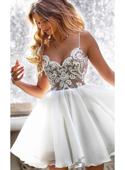 Spaghetti Straps White V Neck Lace Appliques A Line Chiffon Short Homecoming Dresses