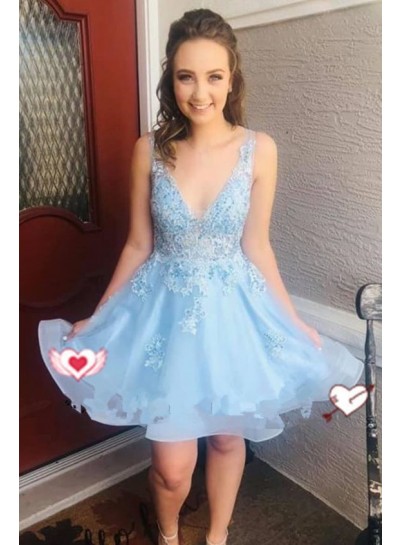Organza A Line Deep V Neck Sleeveless Appliques Blue Flowers Homecoming Dresses