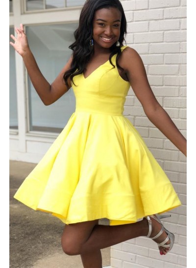 Deep V neck Daffodil Sleeveless Short A Line Pleated Taffeta Homecoming Dresses