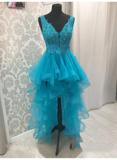 Blue V Neck High Low Organza Pleated Appliques Backless Sleeveless Homecoming Dresses