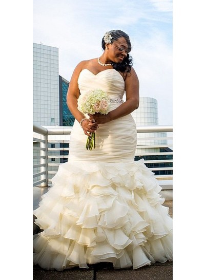 2023 Newly Mermaid/Trumpet Organza Sweetheart Lace Up Plus Size Wedding Dresses / Bridal Gowns