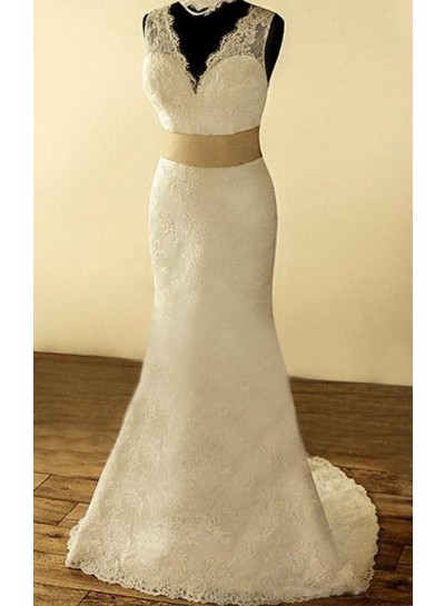 2023 Classic Sheath V Neck Champagne Sash Lace Backless Wedding Dresses / Bridal Gowns