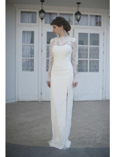 2024 New Arrival Sheath Long Sleeves White Side Slit Lace Wedding Dresses / Bridal Gowns