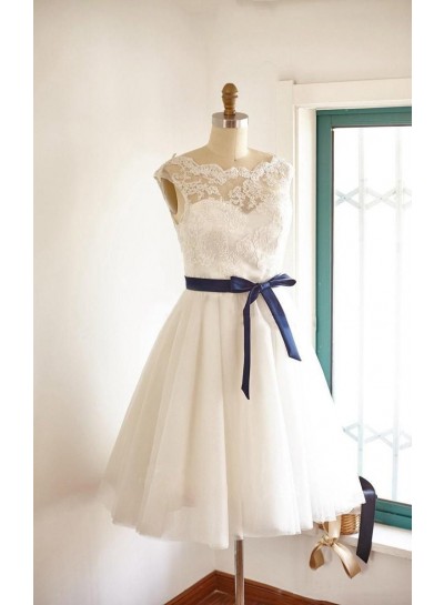 2023 A Line/Princess Sweetheart  Tea Length Lace Blue Bowknot Short Wedding Dresses / Bridal Gowns