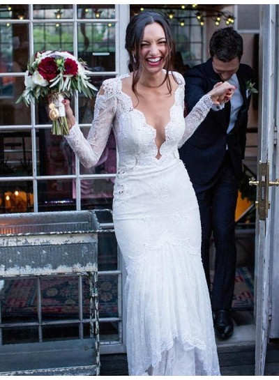 Charming White Long Sleeves Sheath Lace V Neck See Through Back Wedding Dresses / Bridal Gowns 2023