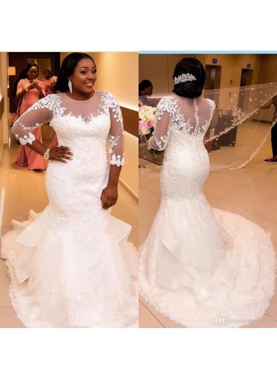 2023 Long Sleeves Mermaid/Trumpet Round Neck Plus Size Wedding Dresses / Bridal Gowns