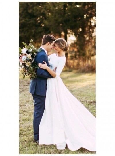 2024 Classic Satin A Line/Princess Backless Long Sleeves Beach Wedding Dresses / Bridal Gowns