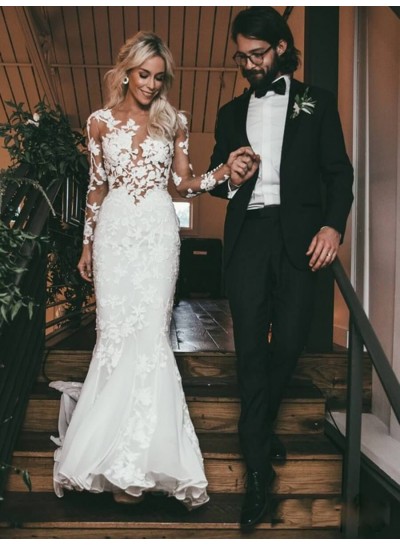 2023 Amazing Sheath Long Sleeves Floral Pattern Sexy Wedding Dresses / Bridal Gowns