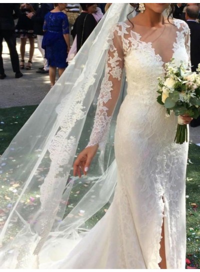 New Arrival Sheath Side Slit Long Sleeves Lace Sweetheart 2024 Wedding Dresses / Bridal Gowns
