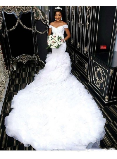 2024 Sexy Mermaid/Trumpet Sweetheart Off Shoulder Pleated Ruffles Layered Long Wedding Dresses / Bridal Gowns