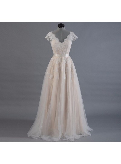 2023 New Arrival A Line/Princess Capped Sleeves Champagne Tulle Belt Wedding Dresses / Bridal Gowns
