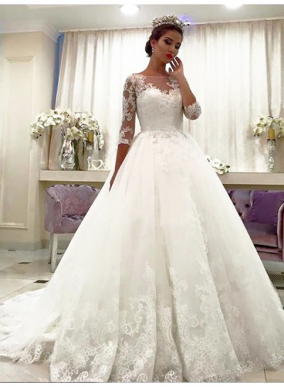 2024 New Arrival A Line 3/4 Sleeves Bateau Lace Wedding Dresses