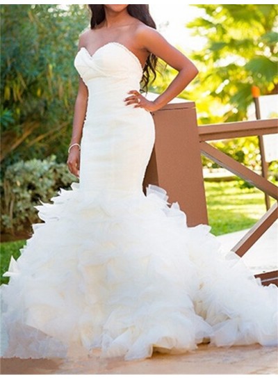 2023 Hot Sale Mermaid Sweetheart Ruffles White Tulle Sweetheart Long Wedding Dresses