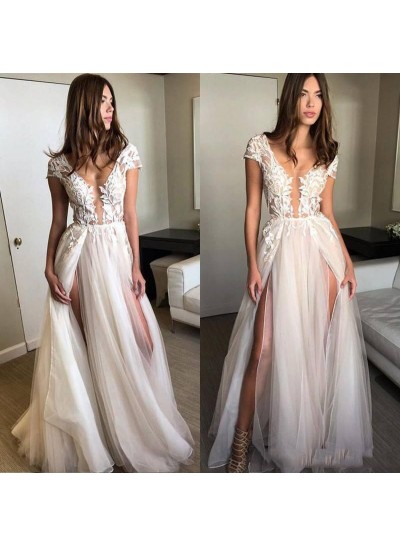 2023 Hot Sale A Line Side Slit Tulle Capped Sleeves Open Front Lace Beach Wedding Dresses