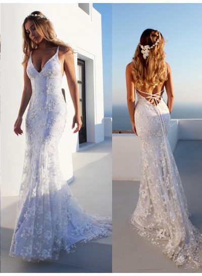 2024 Mermaid Halter Lace Up Backless Lace Beach Wedding Dresses