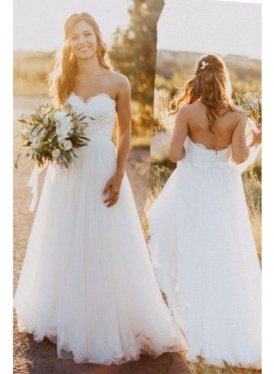 A Line Sweetheart Lace White Tulle Beach Wedding Dresses 2023