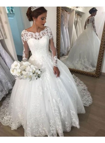 Amazing White Long Sleeves Bateau Lace Ball Gown Wedding Dresses 2023