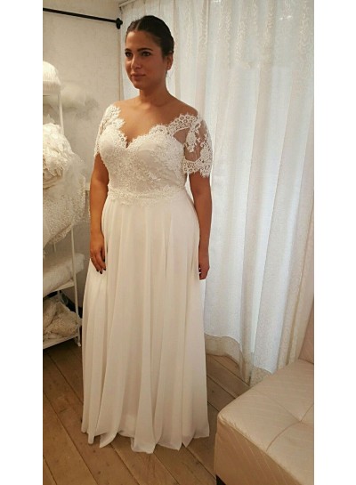 2024 A Line Chiffon Off Shoulder Capped Sleeves Lace Plus Size Wedding Dresses