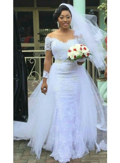 2024 Newly Sheath Long Sleeves Scoop Detachable Train Lace Wedding Dresses
