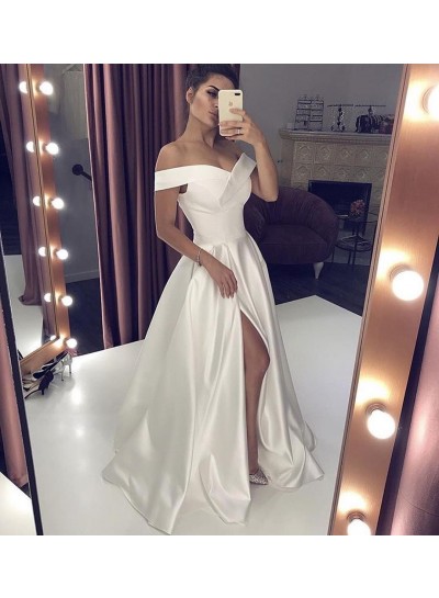 New Arrival A Line Side Slit Satin Off Shoulder Sweetheart Wedding Dresses 2024