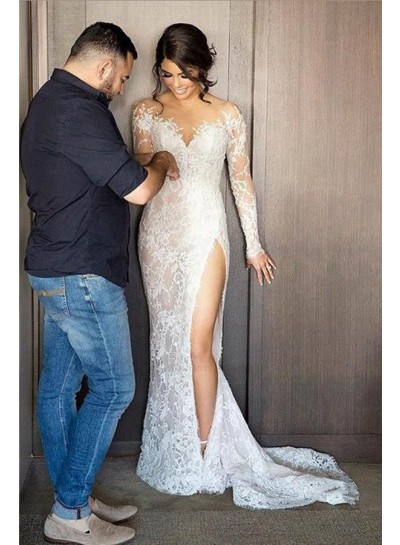 2024 Charming Long Sleeves Sheath Side Slit Sweetheart Lace Wedding Dresses