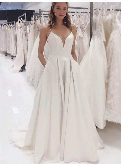 2024 New Arrival A Line Satin Sweetheart Spaghetti Straps Wedding Dresses