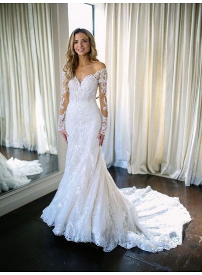 2023 Charming Sheath Long Sleeves Sweetheart Long Lace Wedding Dresses