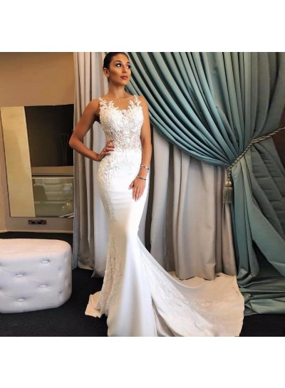 2024 Charming Mermaid Satin Long Train Lace Beach Wedding Dresses