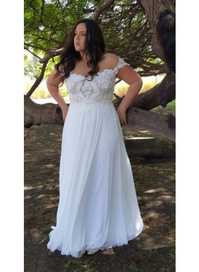 2024 A Line Chiffon Off Shoulder Floor Length Plus Size Lace Beach Wedding Dresses
