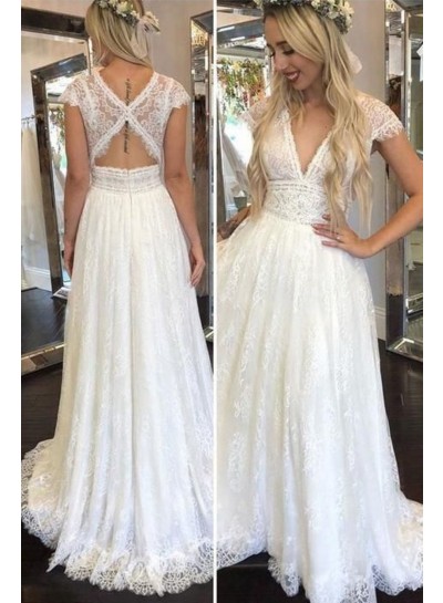 2023 A Line V Neck Capped Sleeves Lace Beach Wedding Dresses
