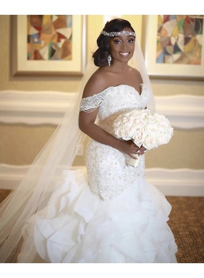 2023 Luxury Mermaid Off Shoulder Sweetheart Beaded Layered Beaded Long Wedding Dresses