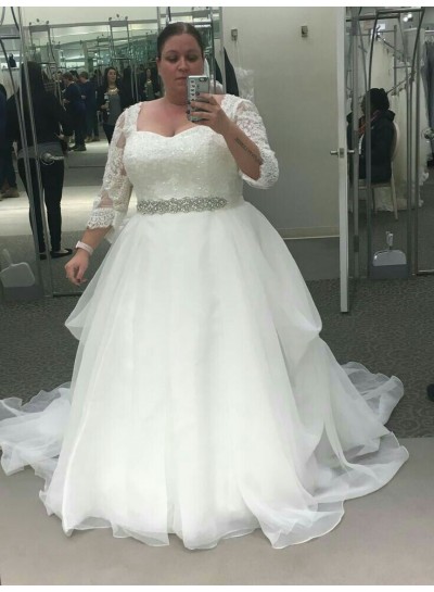 Long Sleeves Organza Sweetheart Beaded Plus Size Ball Gown Wedding Dresses 2023