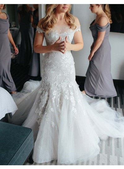 Charming Mermaid Off Shoulder Tulle Flowers Long Wedding Dresses 2023