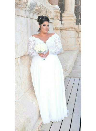 A Line Chiffon Long Sleeves Off Shoulder Lace Plus Size Wedding Dresses 2024
