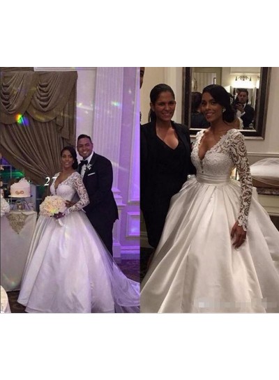 2024 Classic Long Sleeves Deep V Neck Satin Lace Ball Gown Wedding Dresses